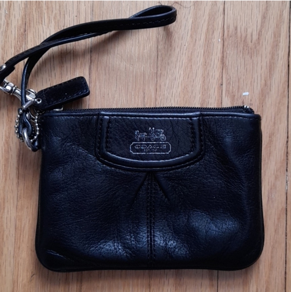 Coach Black Leather Wristlet with Silver Accents
